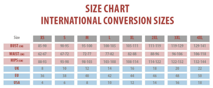 Size chart for international conversion sizes for women's clothing, including bust, waist, and hip measurements.