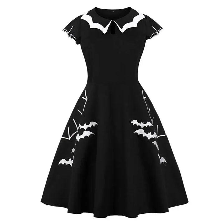 Bat Embroidered Vintage A-Line Halloween Dress featuring playful bat designs and a classic O-neckline.