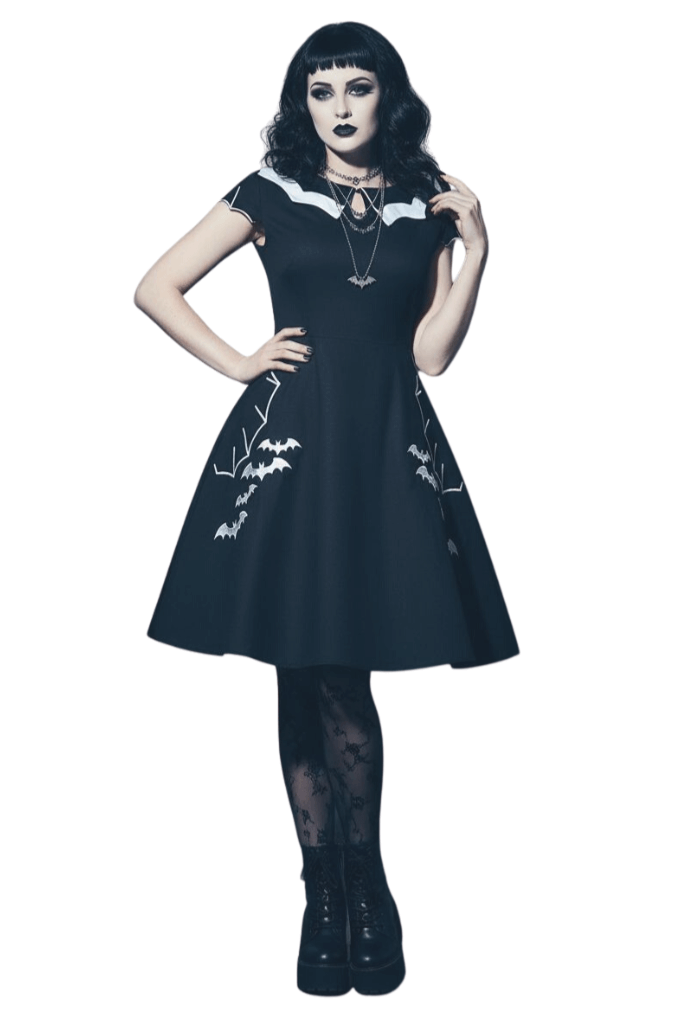 Bat Embroidered Vintage A-Line Halloween Dress featuring bats and a classic O-neckline.