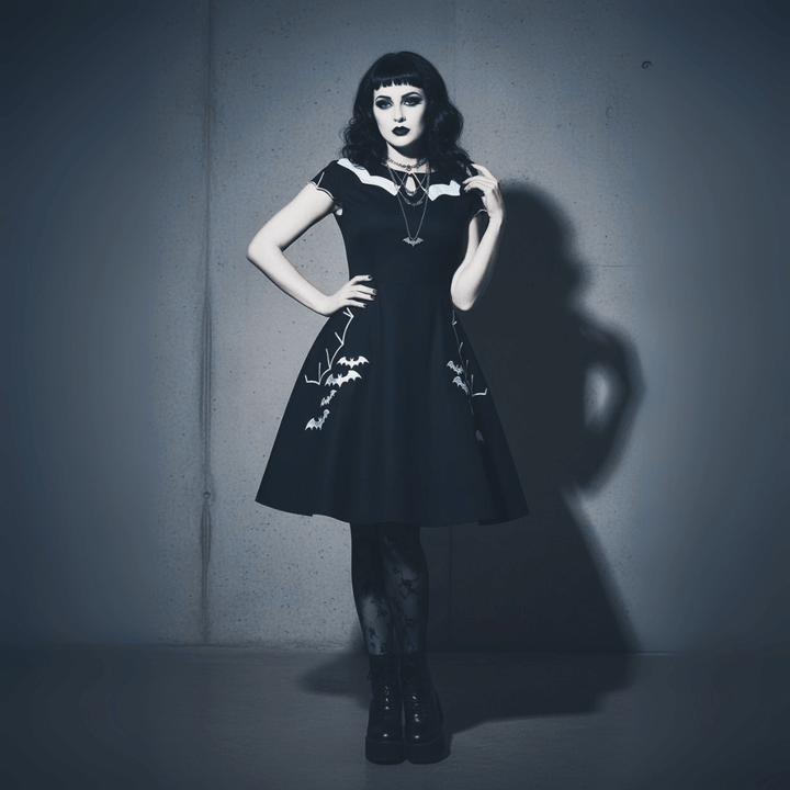 Bat Embroidered Vintage A-Line Halloween Dress featuring bats, cap sleeves, and a flattering silhouette for spooky elegance.