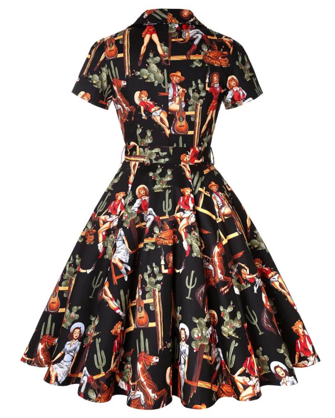 Vintage black western cowgirl swing dress featuring a colorful pinup print with cacti and guitars.