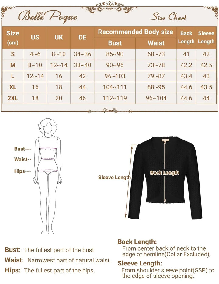 Size chart for Belle Poque vintage-inspired knit bolero with measurements for bust, waist, hips, and sleeve length.