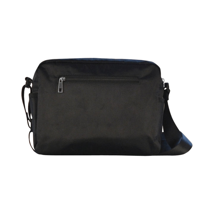Black crossbody bag featuring a zippered front pocket and adjustable strap for everyday style and convenience.