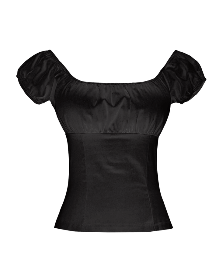 Black peasant style top with puff sleeves, crafted from a soft cotton blend for comfort and elegance.
