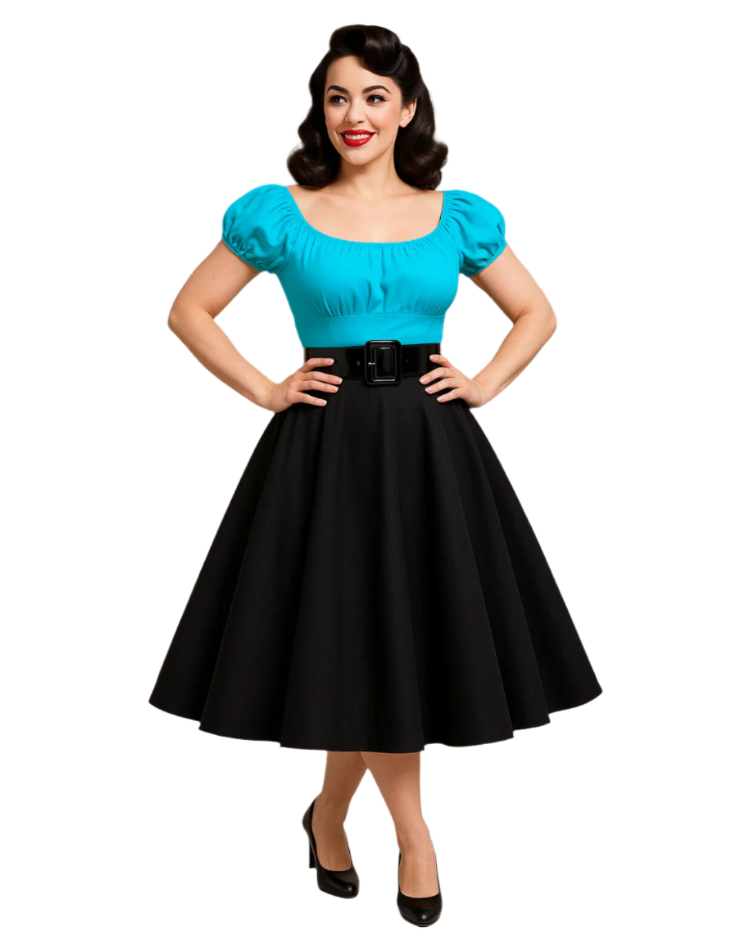 Woman wearing a turquoise top and black skirt with a belt on a beige background