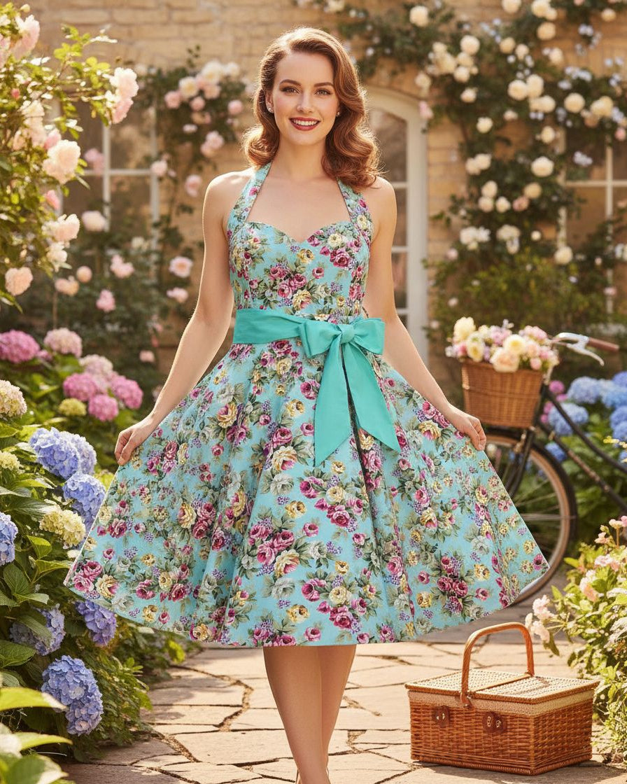 Front view of aqua floral halter dress with sweetheart neckline and sash belt