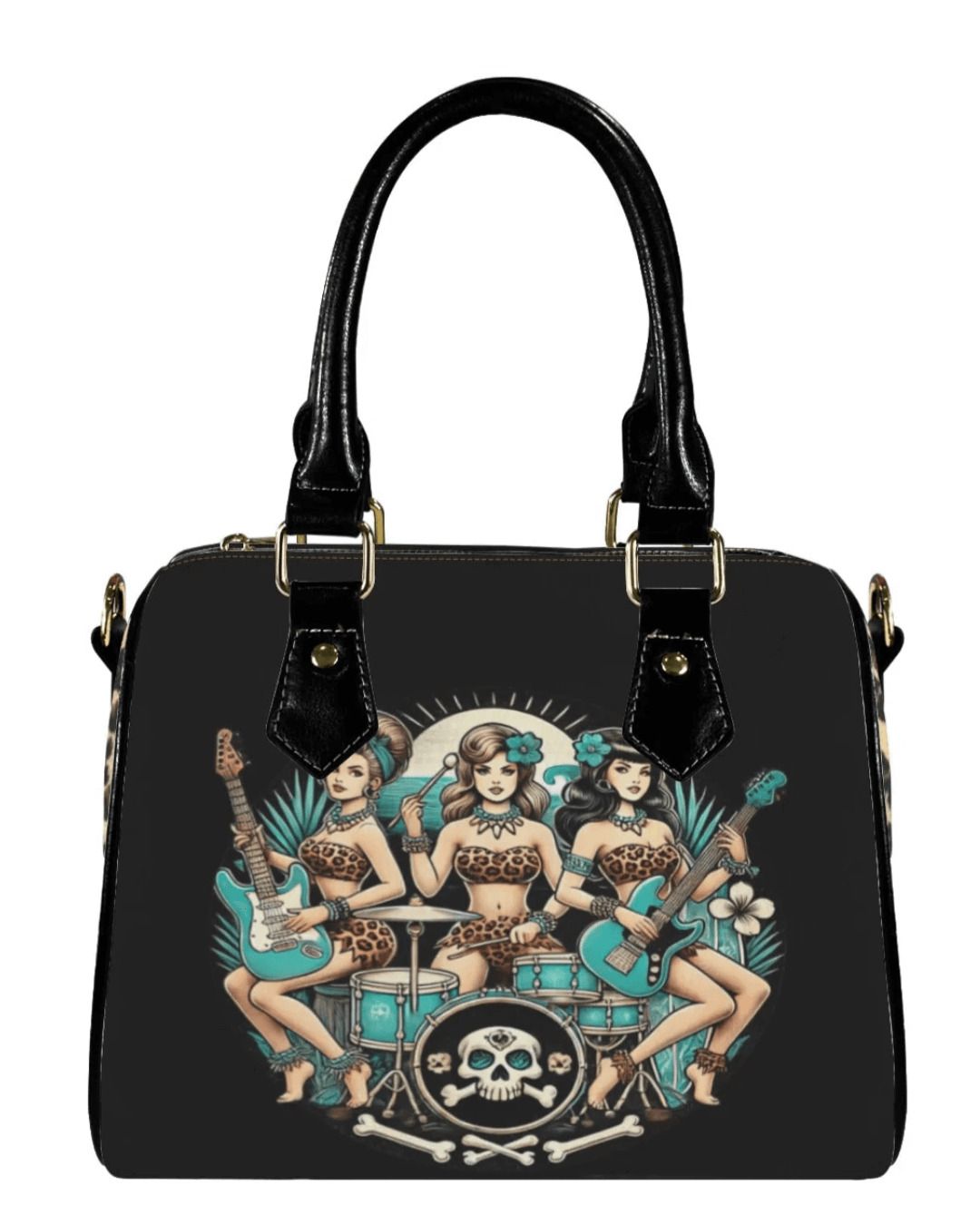 Stylish Bone Shaker Babes handbag featuring retro tiki surfer girls with guitars and a skull design. Perfect for music lovers.