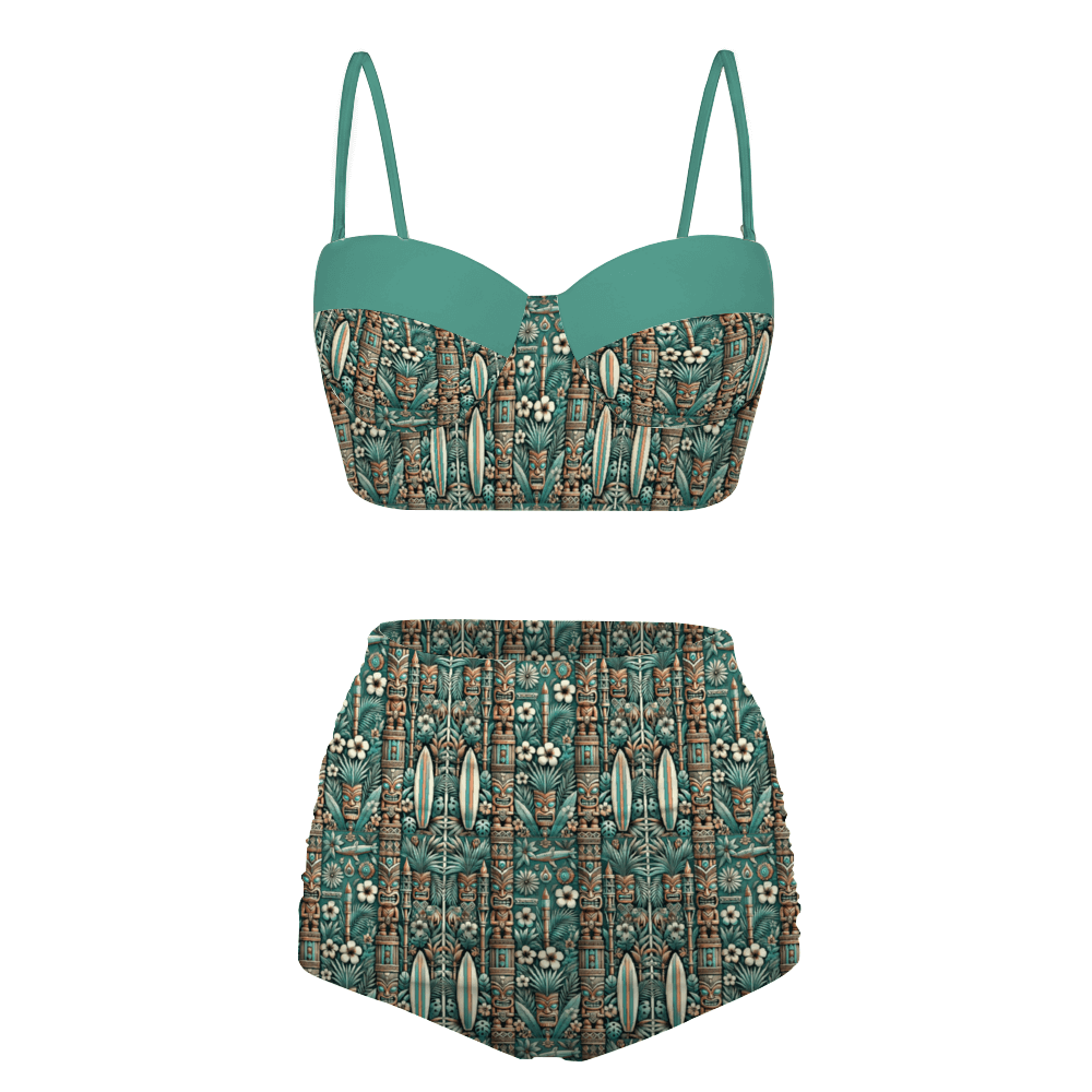 Bone Shaker Babes High Waist Retro Bikini with bold tiki print, perfect for beach or poolside lounging.