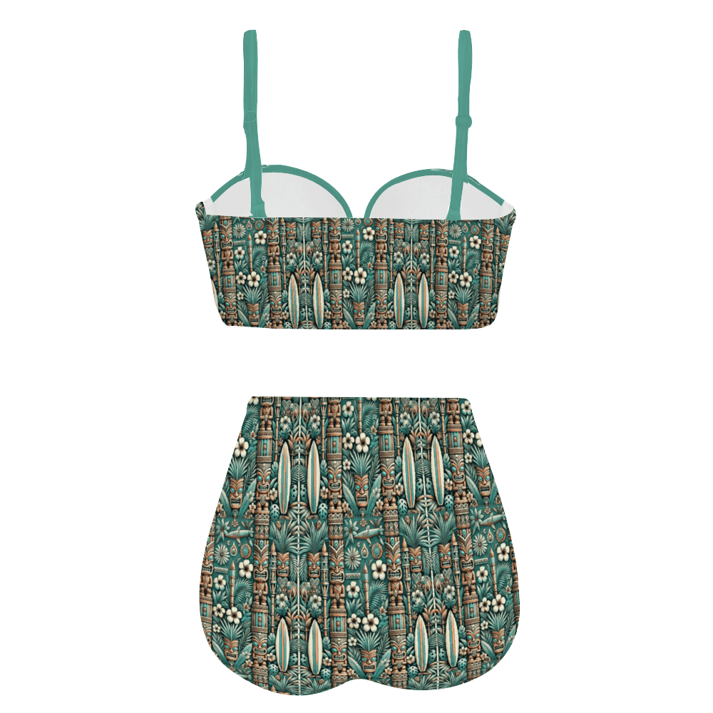 Bone Shaker Babes high waist retro bikini featuring bold tiki print and teal accents, perfect for vintage style lovers.