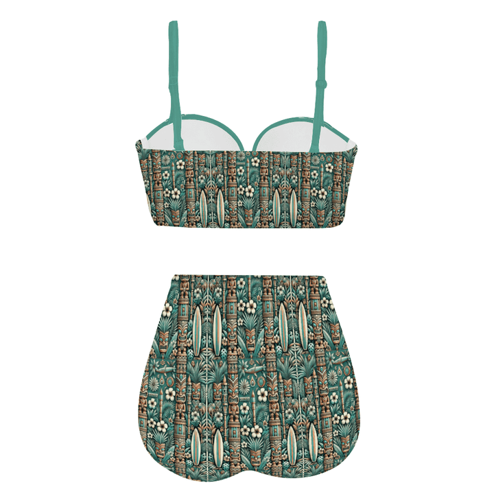 Bone Shaker Babes high waist retro bikini featuring bold tiki print and teal accents, perfect for vintage style lovers.