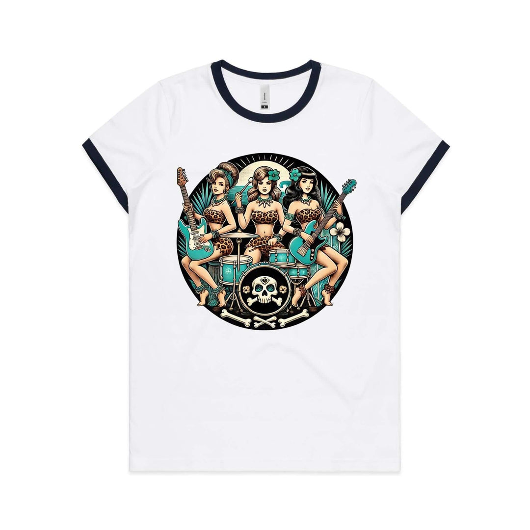 Bone Shaker Babes Women's Ringer Tee featuring a trio of women in leopard prints with guitars and drums.