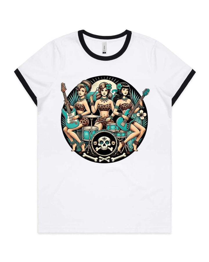 Bone Shaker Babes women's ringer tee with leopard print, teal guitars, and tropical design.