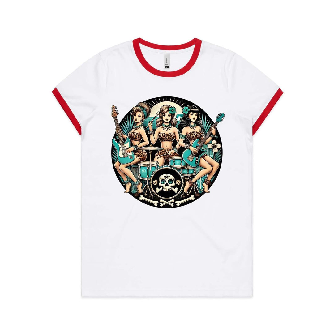 Bone Shaker Babes women's ringer tee featuring leopard-clad trio with guitars and drums, vibrant design on premium cotton.