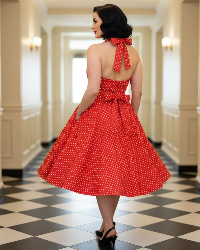 1950s Polka Dot Halter Swing Dress Red – Pin-Up Rockabilly Style