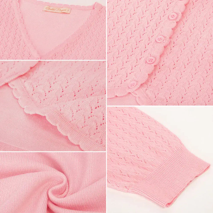 Close-up of a vintage-inspired pink knit bolero with detailed texture, V-neck, buttons, and scalloped edges.