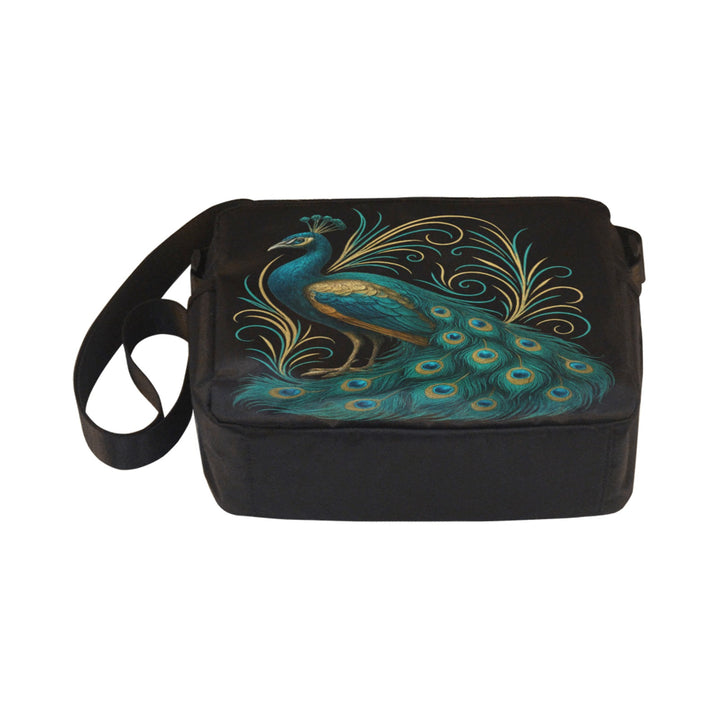 Gilded Peacock Crossbody Bag showing ornate pinstriping and rich peacock-inspired colour palette