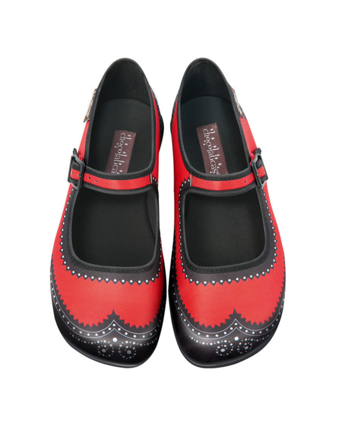 Hot Chocolate Design Brogue in Carmine - vibrant red & black mary jane shoes with intricate detailing.