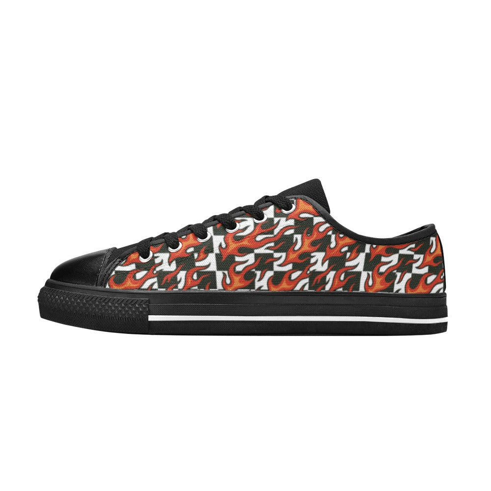 Checkerboard + Flames Kids Sneakers(B) featuring bold black and white racing checks with candy-red flames on the upper.