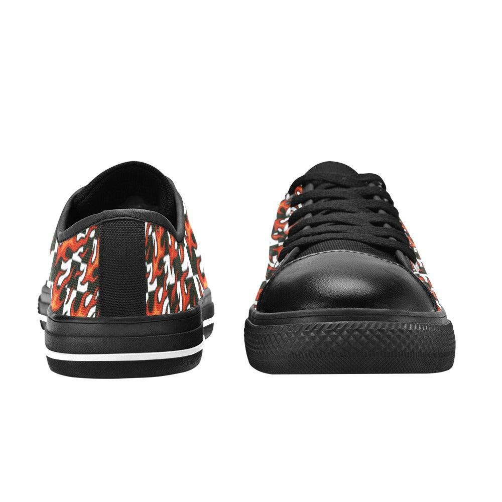 Checkerboard + Flames Kids Sneakers(B) featuring bold racing checks and candy-red flames on a lightweight canvas design.