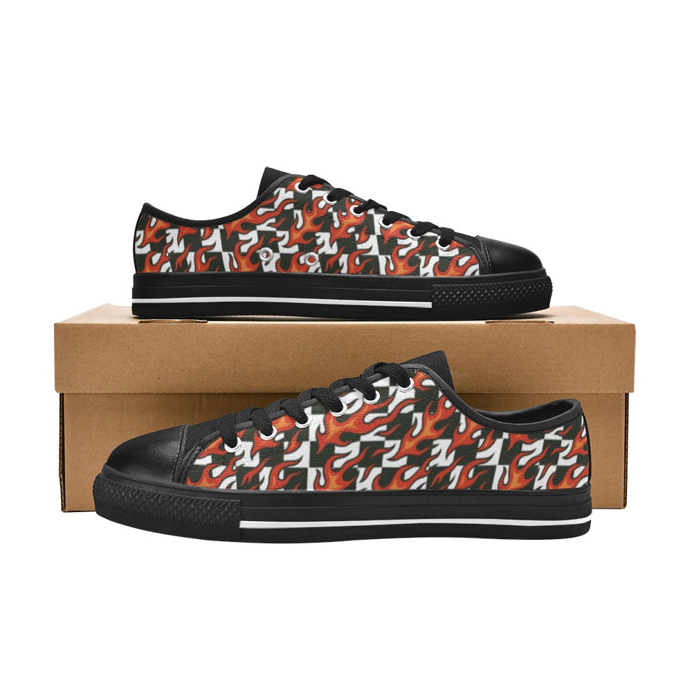 Checkerboard + Flames Kids Sneakers(B) displayed on a box with a vibrant flame pattern and black accents.
