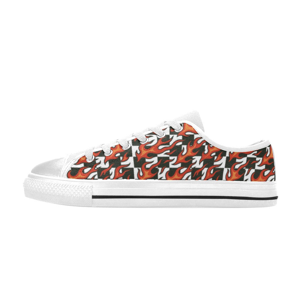 Checkerboard + Flames Kids Sneakers featuring black-and-white checks and red flames pattern on a lightweight canvas shoe.