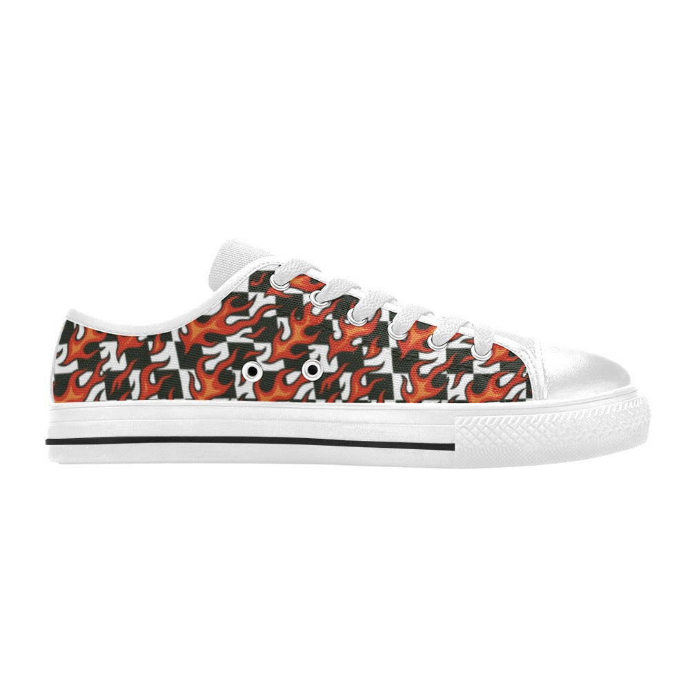 Checkerboard + Flames Kids Sneakers featuring bold red flames on a white canvas shoe side view.