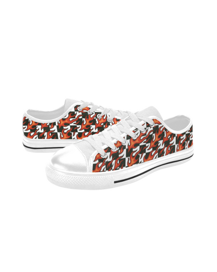 Checkerboard + Flames Kids Sneakers with red flames design and white lace-up front.