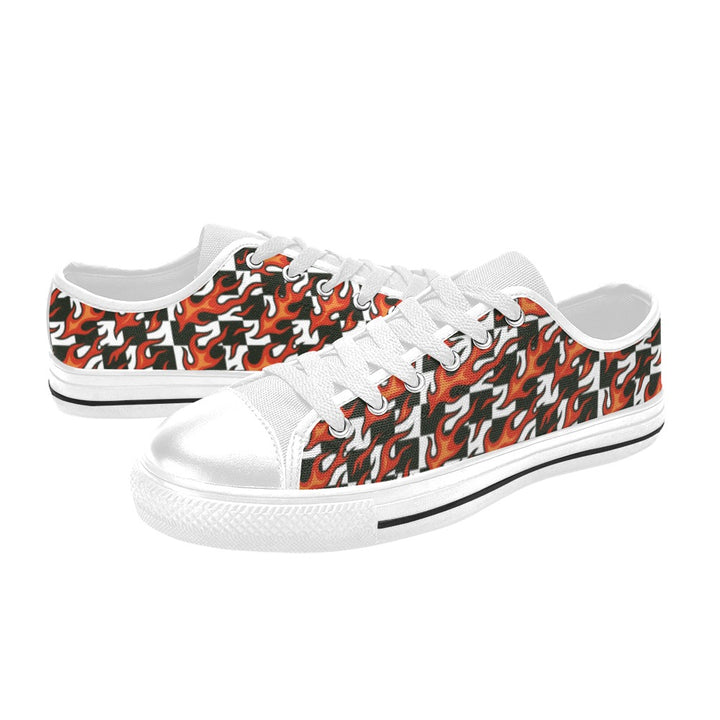 Checkerboard + Flames Kids Sneakers with vibrant red flames and classic black-and-white check pattern.