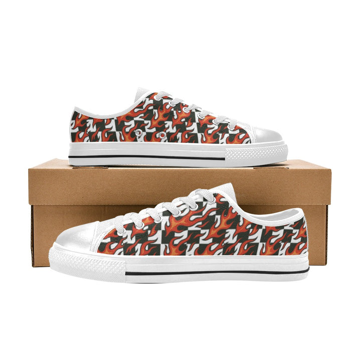 Checkerboard + Flames Kids Sneakers displayed on a shoebox with a bold flame pattern and lace-up design.