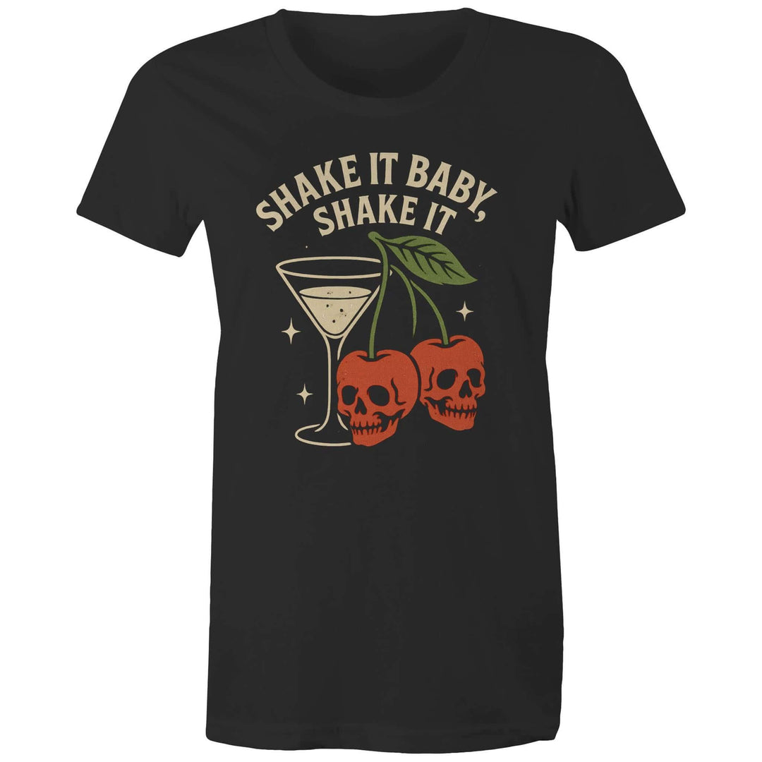 Cherry Martini women's tee featuring skull cherries and a retro cocktail design on a black shirt.