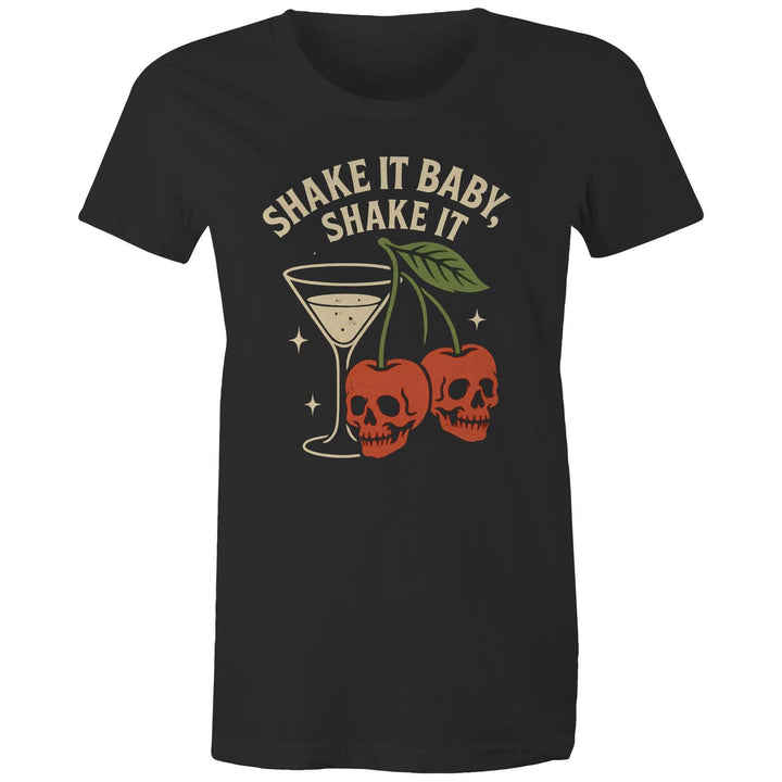 Cherry Martini women's tee featuring skull cherries and a retro cocktail design on a black shirt.
