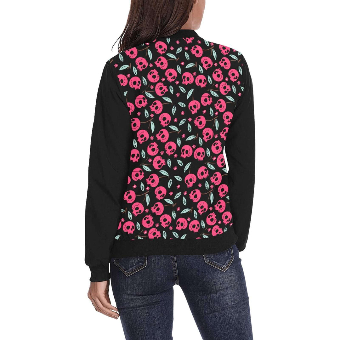 Cherry Skulls womens bomber jacket with a vibrant floral and skull design on a black background, perfect for stylish layering.