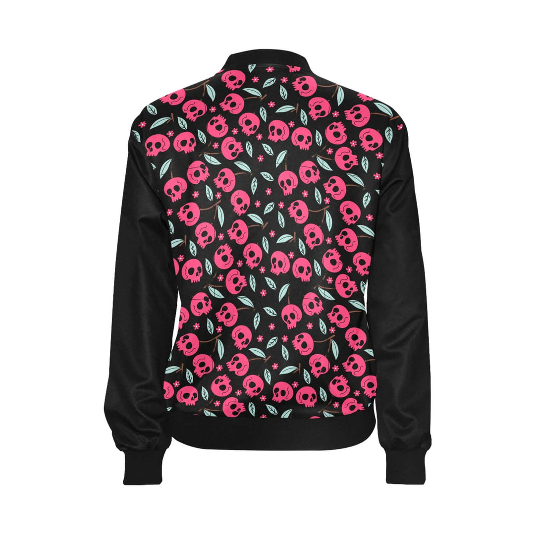 Cherry Skulls Womens Bomber Jacket featuring a vibrant pink skull pattern on a black background.