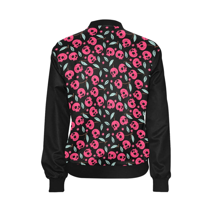 Cherry Skulls Womens Bomber Jacket featuring a vibrant pink skull pattern on a black background.