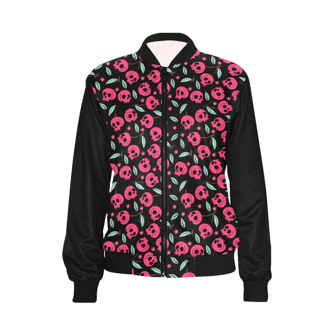 Cherry Skulls Women's Bomber Jacket featuring a vibrant skull design with leaves, perfect for stylish layering.