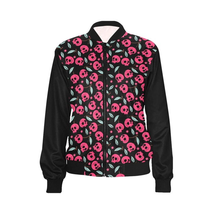 Cherry Skulls Women's Bomber Jacket featuring a vibrant skull design with leaves, perfect for stylish layering.