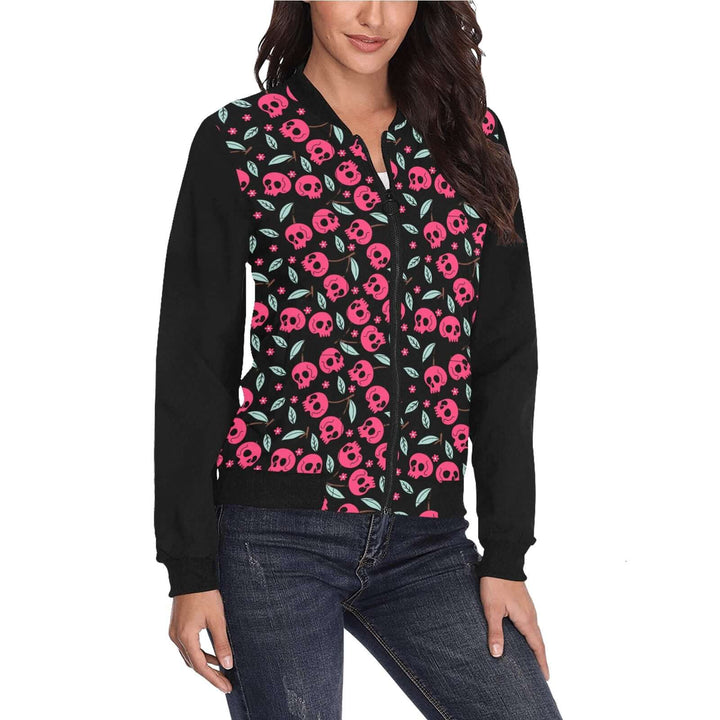 Cherry Skulls Womens Bomber Jacket featuring a floral skull pattern, perfect for stylish layering and warm comfort.