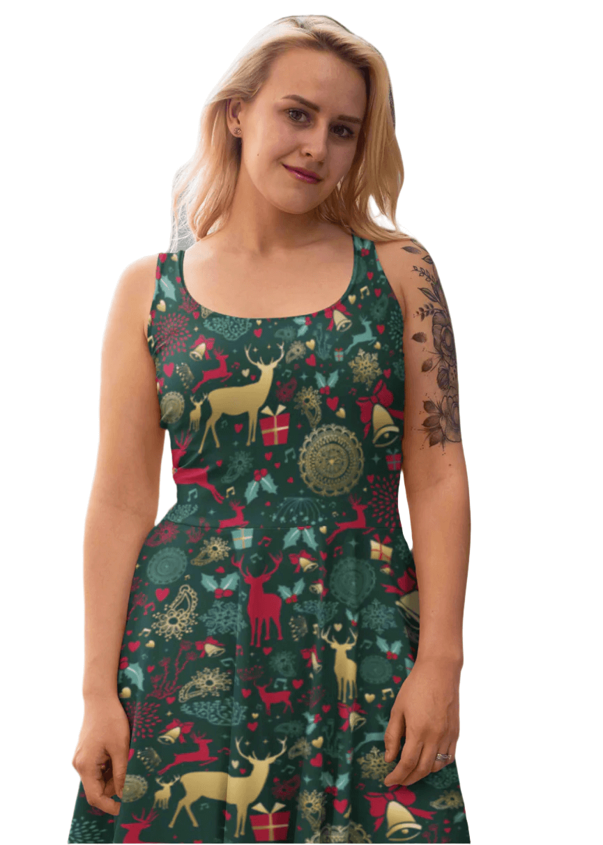 Christmas reindeer skater dress with pockets, knee-length, flattering fit, soft stretch fabric, festive holiday design.