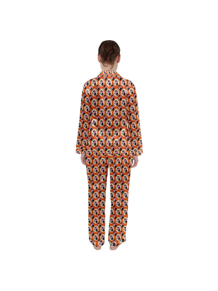 Cosmic Kitties Orange Women's Long Sleeve Satin Pyjamas Set