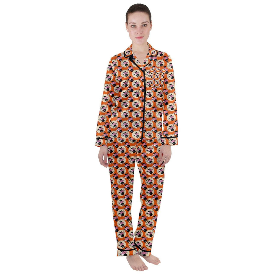 Cosmic Kitties Orange Women's Long Sleeve Satin Pyjamas Set