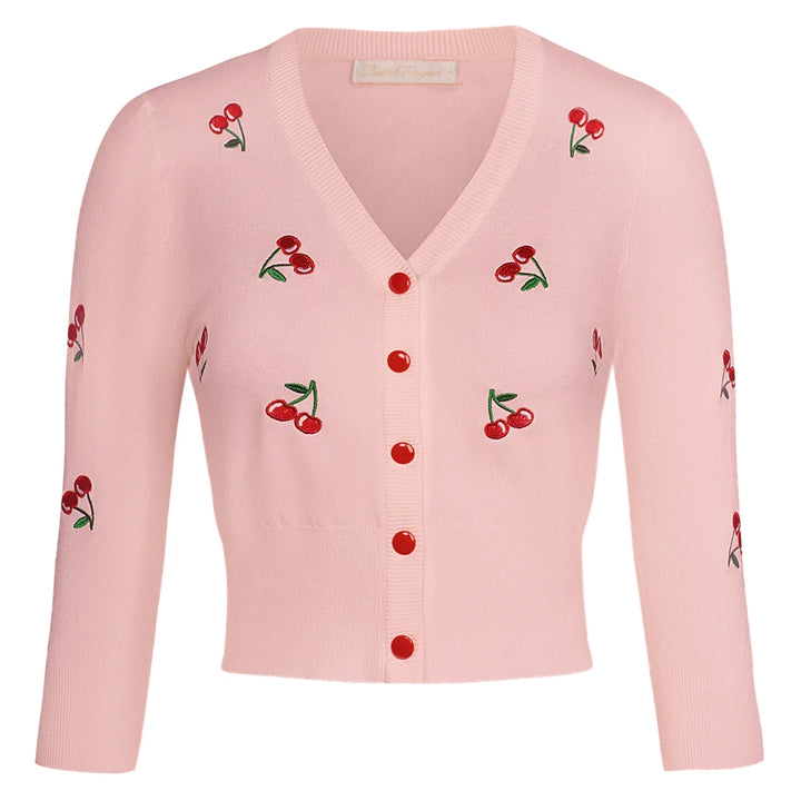 Cropped pink cardigan with cherry embroidery and red buttons, perfect for vintage-inspired outfits.