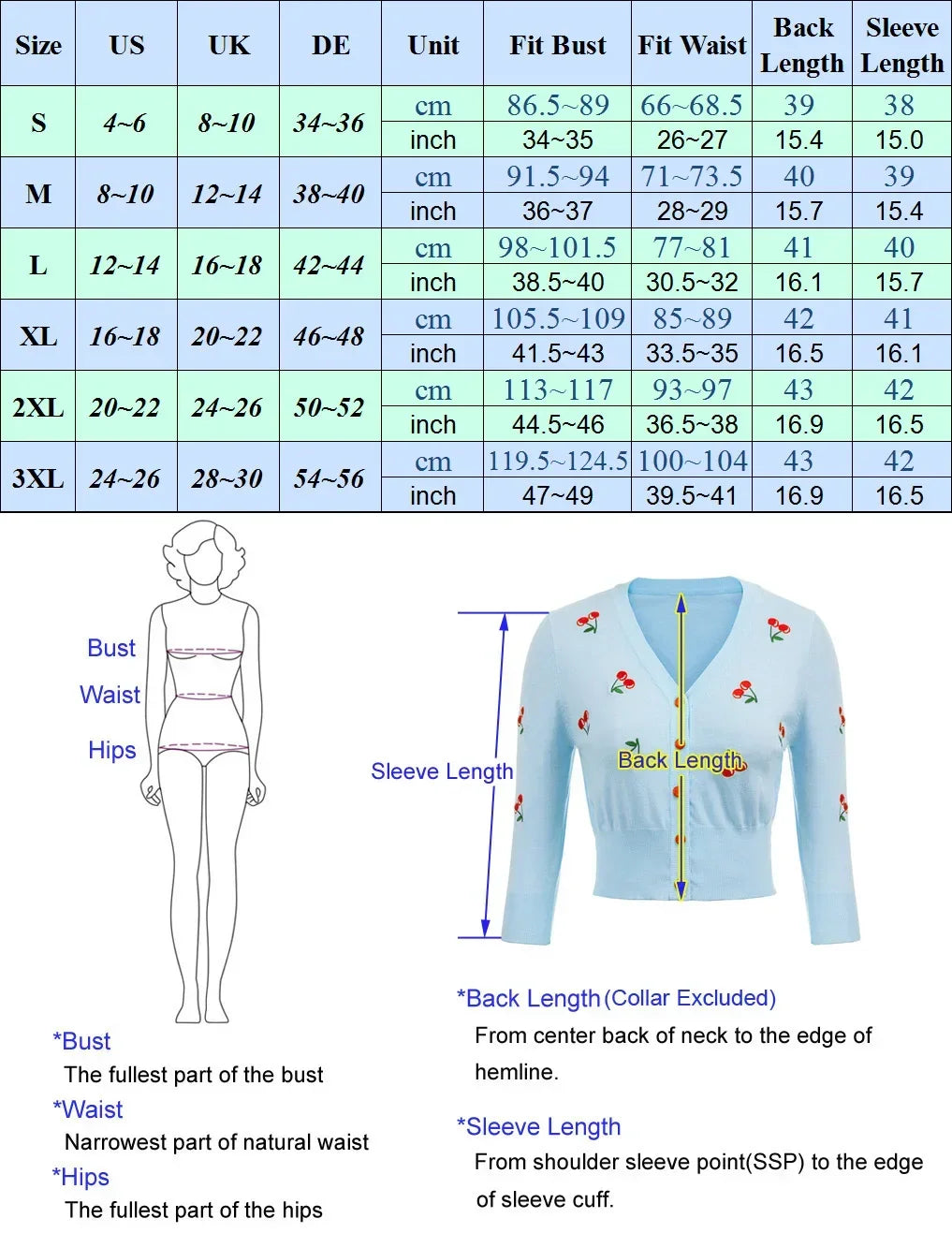 Size chart for Cropped Cherry Cardigan showing fit measurements in cm and inches for various sizes.