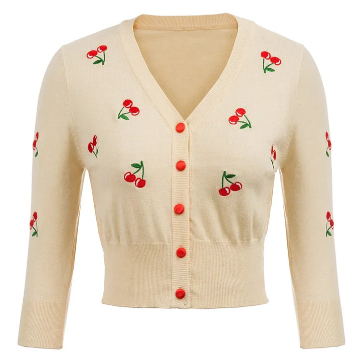 Cropped cherry cardigan with playful red cherry embroidery and flattering fit, perfect for vintage-inspired outfits.