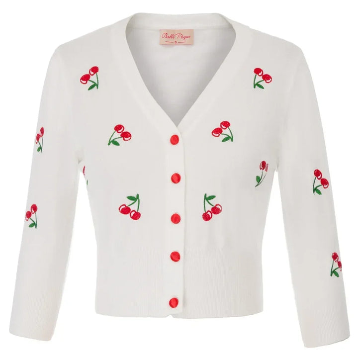 Cropped white cardigan with red cherry embroidery and buttons, stylish and vintage-inspired fashion piece.