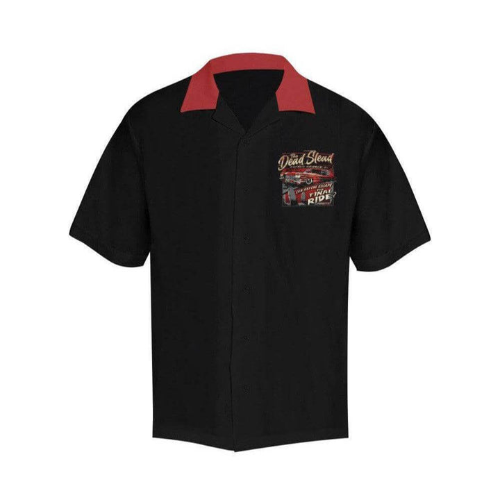 Dead Slead Button Up Shirt with kool ratrod hearse print and red collar, perfect for kustom kulture enthusiasts.