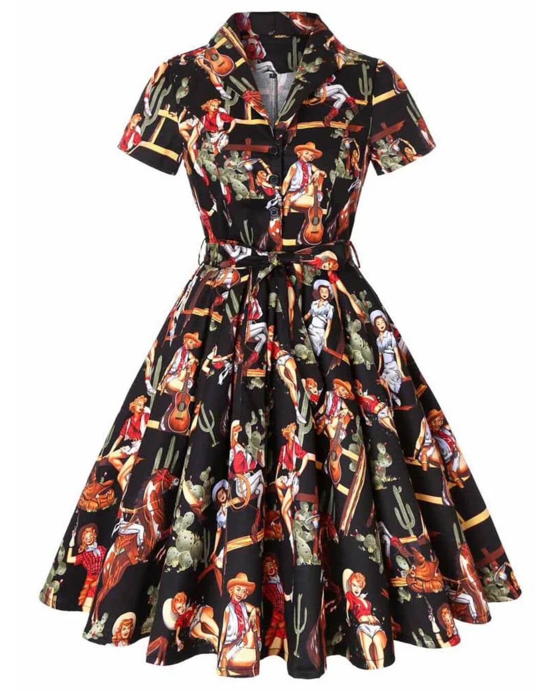 Vintage-inspired black swing dress with cowgirl print, perfect for pinup style and Western-themed events.