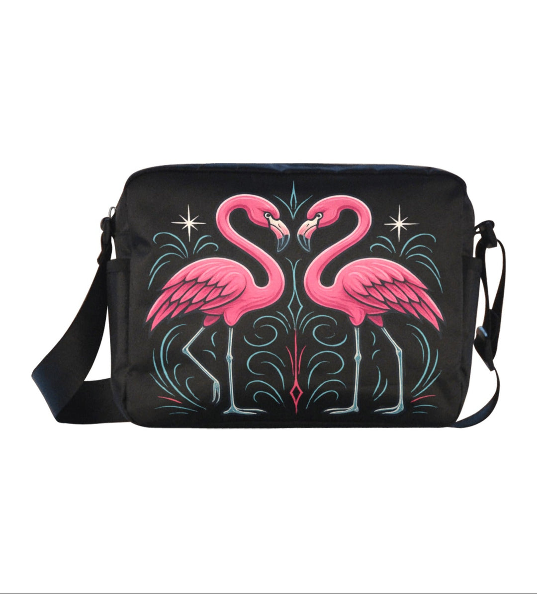 Black bag with pink flamingo design on a white background