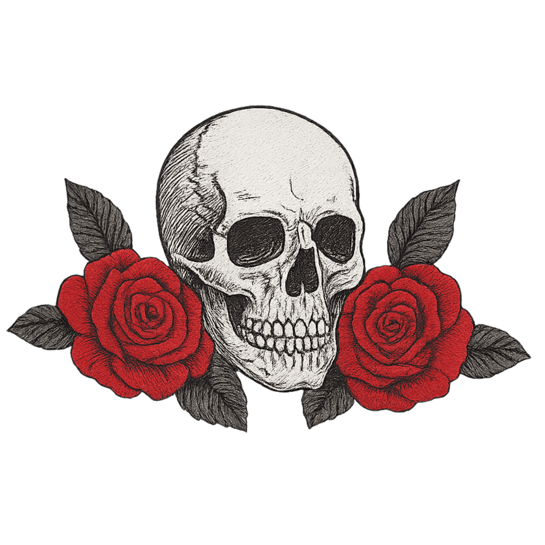 Embroidered skull design with red roses and leaves, perfect for bold Western fashion style.