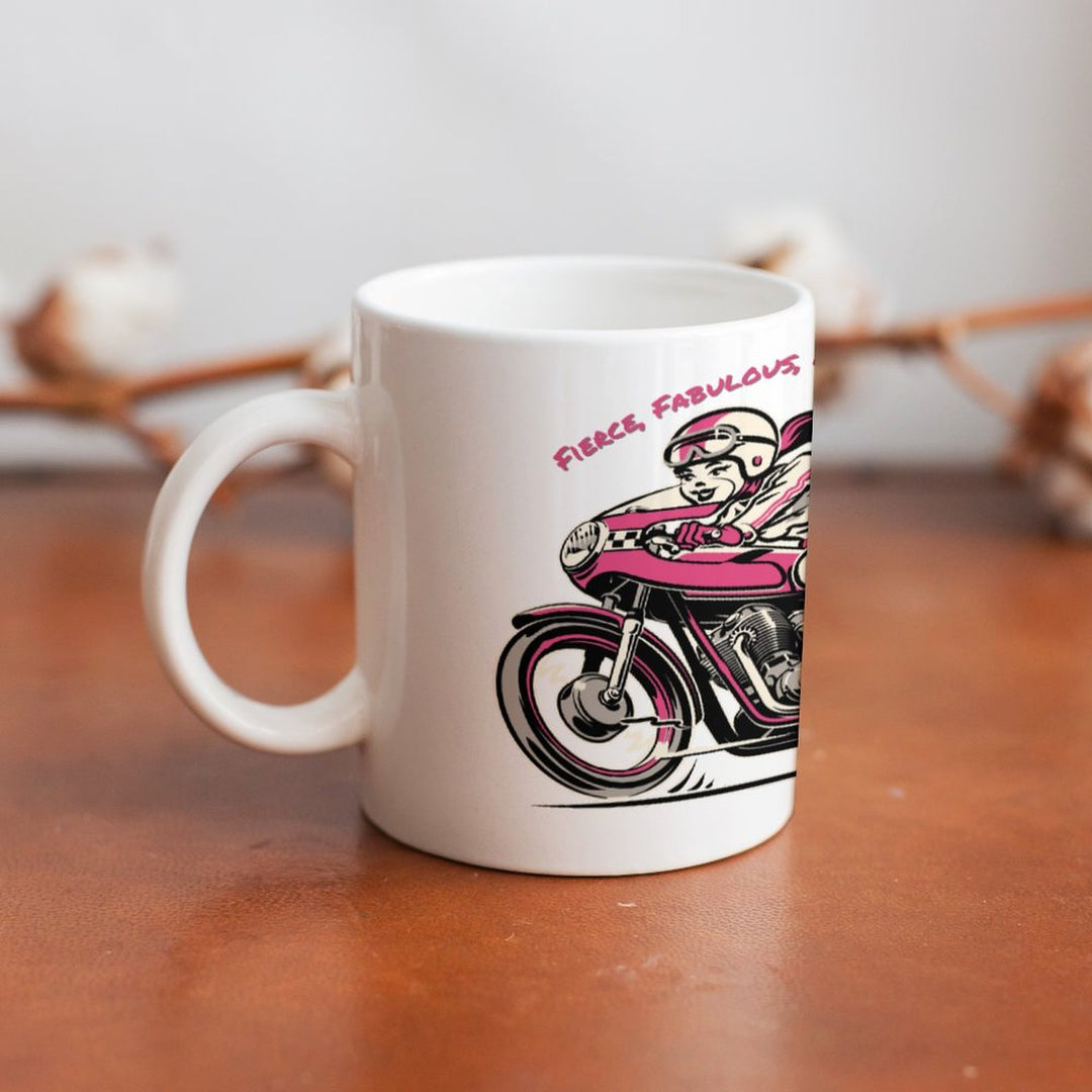 Fierce Fabulous Full Throttle white ceramic mug featuring a retro biker design, perfect for coffee or tea.