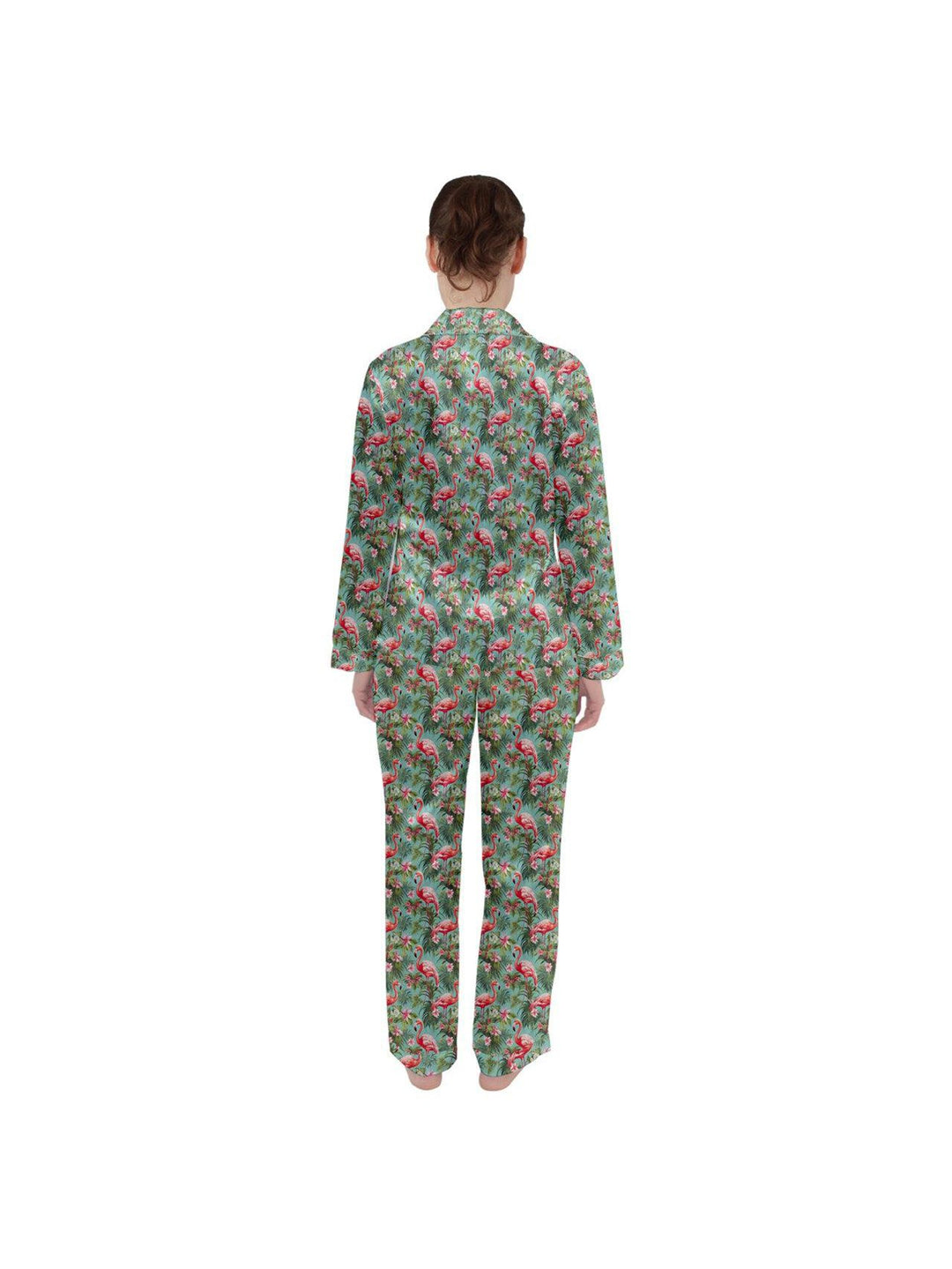 Flamingo Dreams Green Women's Long Sleeve Satin Pyjamas Set